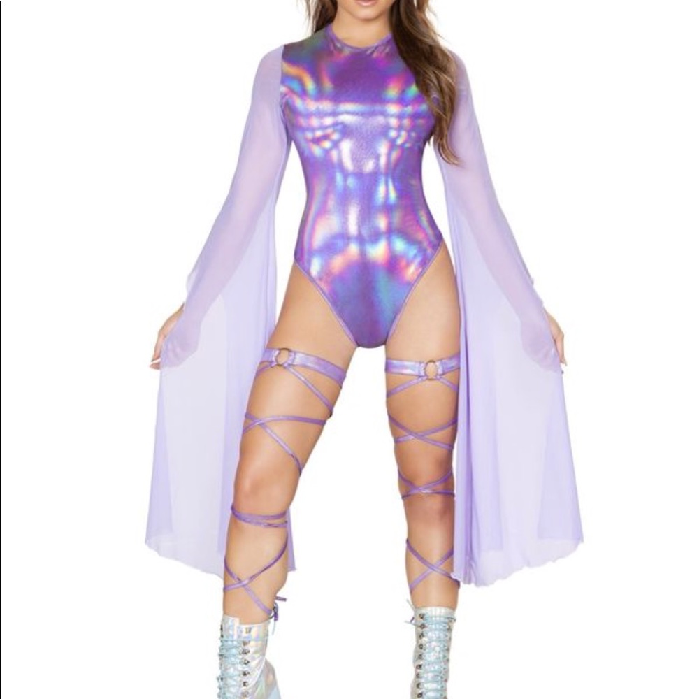 Lavender iridescent bodysuit with flare sleeves
